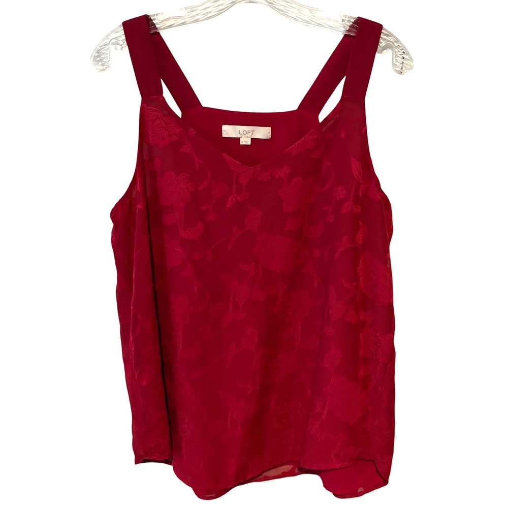 LOFT Deep Red Sleeveless Floral Semi Sheer Blouse in Size M